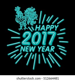 The rooster new year greeting card design template. 2017 calendar symbol cock, glowing neon light on dark. art