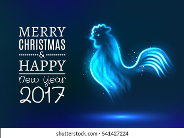 The rooster new year greeting card design template. 2017 new year calendar symbol cock or rooster, glowing neon light on dark