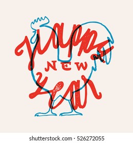 rooster new year lettering. vintage new year print. red and blue lettering.