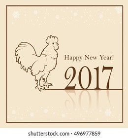 Rooster on beige background with snowflakes, symbol of the New Year 2017, illustration.