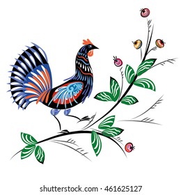 Rooster on branch with berries