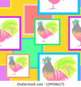 rooster on colorfull frame seamless pattern
