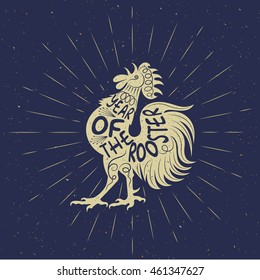 Rooster on dark background. Lettering composition:"Year of the rooster". Chinese calendar. Light rays of burst. Vector design.