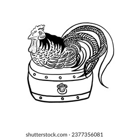 Rooster on a drum. Vector. Japanese symbol of peace and prosperity. Drawing, brush, ink, black on white. Eps10