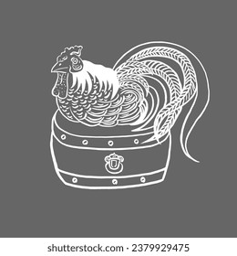 Rooster on a drum. Vector. Japanese symbol of peace and prosperity. Hand drawing, sketch, ink, white on grey. Eps10
