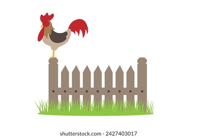 Rooster on a Fence in the Countryside. Nature and domestic animals concept vector