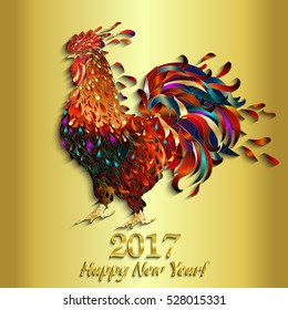 Rooster on gold background. The symbol of the Chinese New Year 2017. Vector illustration