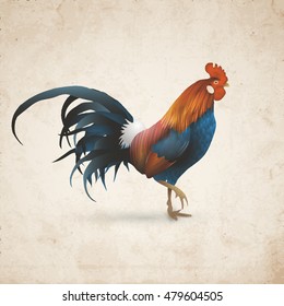 Rooster on Old Paper texture. Chinese Zodiac Sign - Vintage Card. Vector illustration