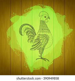 Rooster on painted splash and wood texture background. Rooster for fresh farm sign design. Cock symbol for agriculture industry poster, branding. Farm animal sign. Vector organic products illustration