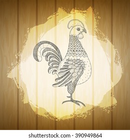 Rooster on painted splash and wood texture background. Rooster for fresh farm sign design. Poultry symbol for banner, poster, branding. Farm animal sign. Vector organic products illustration.