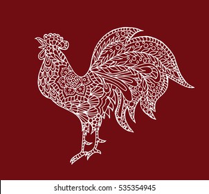 Rooster on red background, symbol of 2017 on the Chinese calendar. Silhouette of cock, decorated with floral patterns. Image of 2017 year of Rooster.