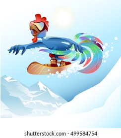 Rooster on snowboard riding mountain. Blue cock symbol 2017. Vector cartoon illustration