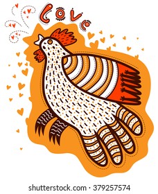 Rooster on a yellow background sings about love