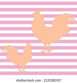 Rooster with orange color round pattern on pink white lines, vector