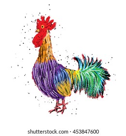 Rooster painting in color, hand painted with traditional calligraphic ink brush, Inksticks or India ink. Very texture with splash of ink. Chinese Year of the Rooster zodiac emblem.