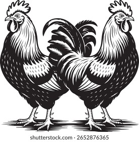 Par de galo Ilustração em preto e branco intrincado de animais de fazenda