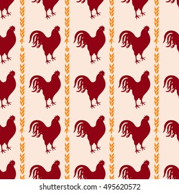 Rooster pattern- Red bird ornament. Vector New year background.