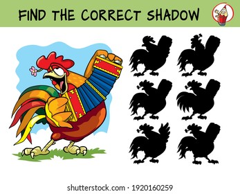 Rooster playing the accordion. Find the correct shadow. Educational game for children. Cartoon vector illustration