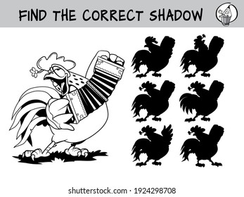 Rooster playing the accordion. Find the correct shadow. Educational game for children. Black and white cartoon vector illustration