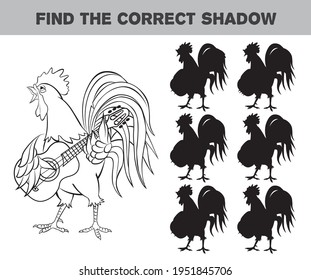 Rooster playing the guitar. Find the correct shadow. Black and white cartoon vector illustration. Educational game for children. 