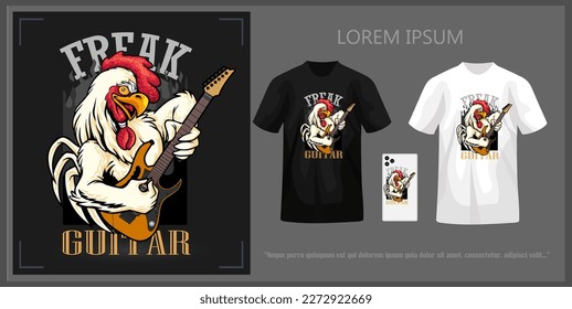 rooster playing guitar isolated on black t shirt