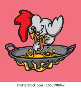 Rooster playing in a hot frying pan full of cooking oil. Animal funny vector illustration isolated on pink background