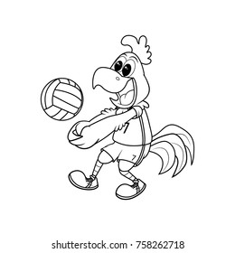 Rooster playing volleyball, character illustration for coloring book or page