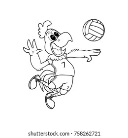 Rooster playing volleyball, character illustration for coloring book or page