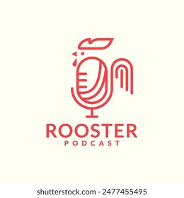 Rooster Podcast diseño del logotipo. gallo con línea minimalista combinado con concepto de micrófono