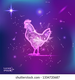 rooster. Polygonal wireframe rooster silhouette on gradient background. Space, futuristic, zodiac concept. Shine neon style vector illustration