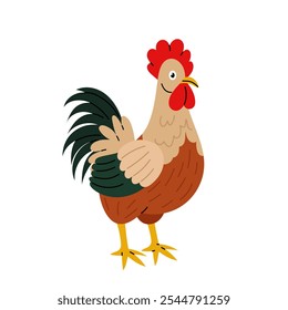 Rooster. Poultry. Morning. Farm animal in flat style on white background.