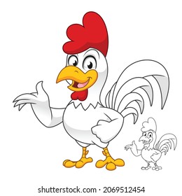 Rooster with Present Hand Sign with Line Art Drawing, Birds Roosters and Chickens, Vector Character Illustration, Cartoon Mascot Logo in Isolated White Background.