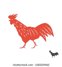 Rooster purposefully goes forward, vector illustration, flat silhouette, icon, sticker, silhouette, logo, red