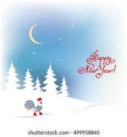 Rooster in red boots. Cartoon stylized symbol of New Year 2017 isolated on white background. Cock walking on a snowy winter the magical forest