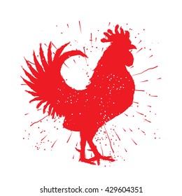 Rooster red label. Vintage style cock vector on hand drawn sunburst background. Zodiac symbol for Chinese New year 2017. Hair texture on the edge of the rooster with splash of ink. Grunge.