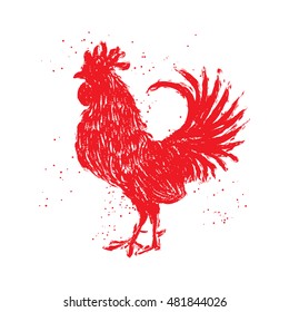 Rooster red label. Vintage style cock vector hand drawing imitation. Zodiac symbol for Chinese New year 2017. Hair and paint brush texture on the edge of the rooster Grunge.