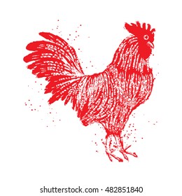 Rooster red label. Vintage style cock vector hand drawing imitation. Zodiac symbol for Chinese New year 2017. Hair and paint brush texture on the edge of the rooster Grunge.