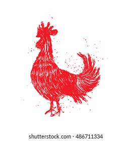 Rooster red label. Vintage style cock vector hand drawing imitation. Zodiac symbol for Chinese New year 2017. Hair and paint brush texture on the edge of the rooster Grunge.