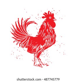 Rooster red label. Vintage style cock vector hand drawing imitation. Zodiac symbol for Chinese New year 2017. Hair and paint brush texture on the edge of the rooster Grunge.