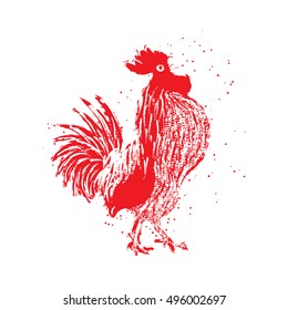 Rooster red label. Vintage style cock vector hand drawing imitation. Zodiac symbol for Chinese New year 2017. Hair and paint brush texture on the edge of the rooster Grunge.