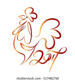 Rooster red line art sketch of cock. Vector illustration of rooster, symbol 2017 Chinese calendar.