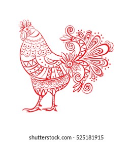 Rooster red line art sketch of cock. Vector illustration of rooster symbol of 2017 on the Chinese calendar.