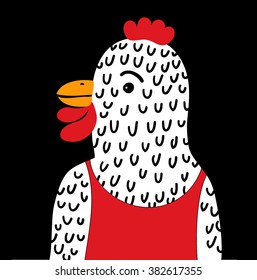 A rooster with red sleeveless shirt