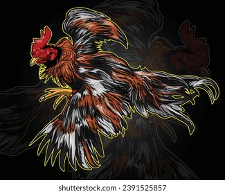 A rooster with a red tail and a white tail is flying in the air.