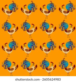 Rooster repeat pattern in cute cartoon style. Vibrant orange animal background. Beautiful print for fabric.
