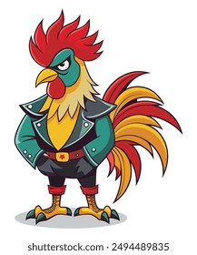 Rooster rockstar, retro anime, detailed, white background, isolated object, fit on the page for t-shirt design