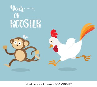 Rooster Running with Monkey, Change From Year of Monkey to Rooster Cartoon Vector Illustration