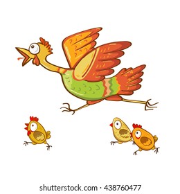 A rooster runs with chickens