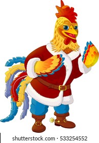 Rooster - Santa Claus /  Vector illustration of cartoon rooster. New Year's greetings. The rooster is a symbol of the zodiac eastern calendar. Isolated on white background.  