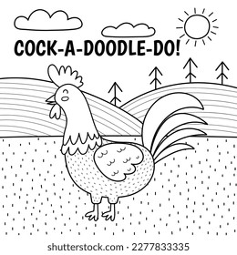 Rooster sagt cock-a-doodle-do schwarz-weiß Druck. Rutschen Sie den landwirtschaftlichen Charakter auf einer grünen Weide, die einen Ton macht. Schöne Farbseite mit Tieren im Cartoon-Stil für Kinder. Vektorgrafik